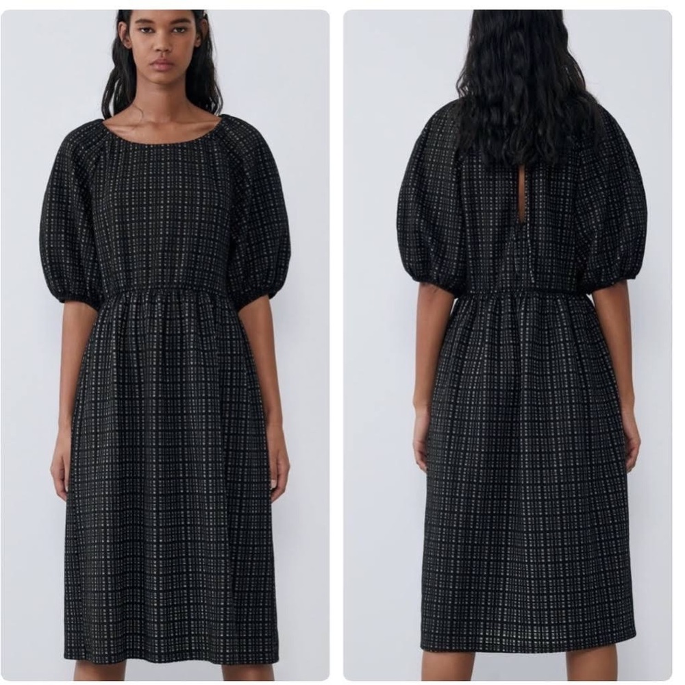 ZARA black and white textured puff sleeve dress size small